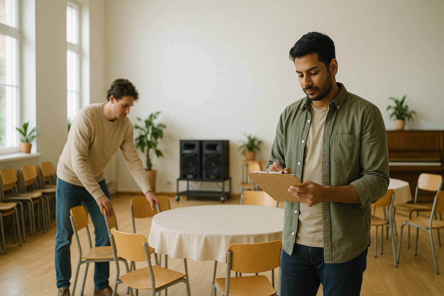Ministry workers prepare a fellowship hall with chairs, speakers, and a booking clipboard.