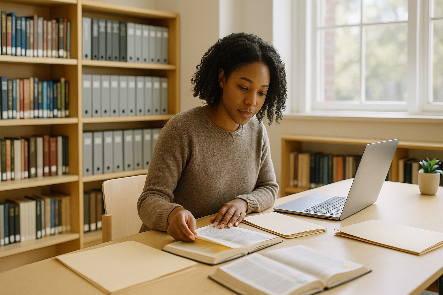 A ministry worker studies church documents at a library table lined with commentaries.