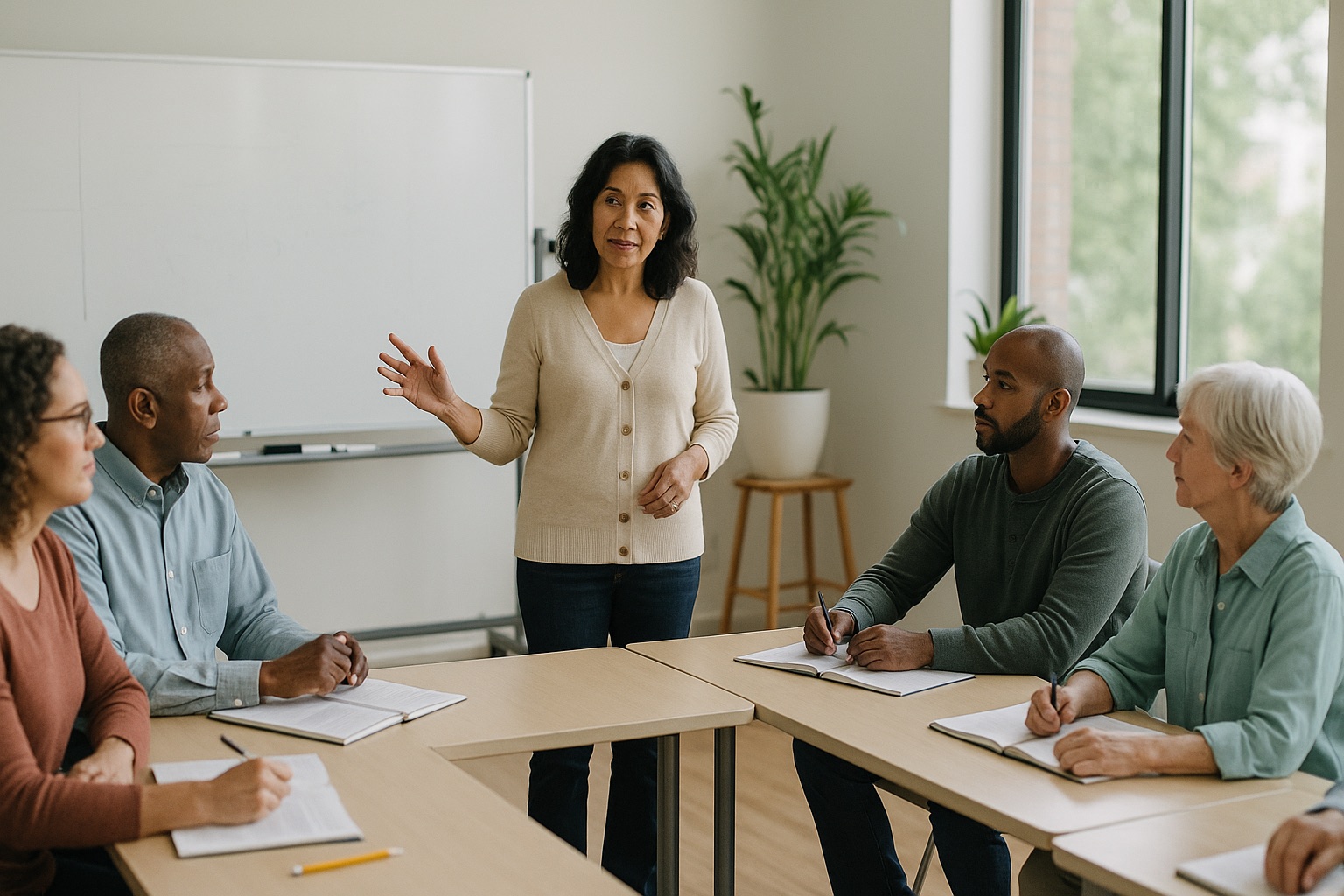 Adults in a bright classroom follow a discipleship lesson around shared tables.