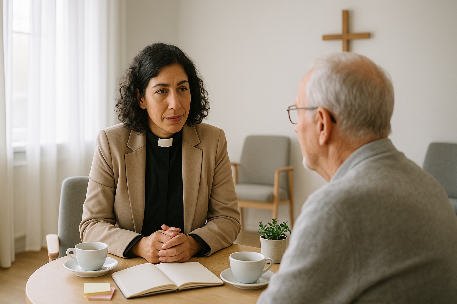 A pastor sits with a church member over tea in a quiet, sunlit sitting room.