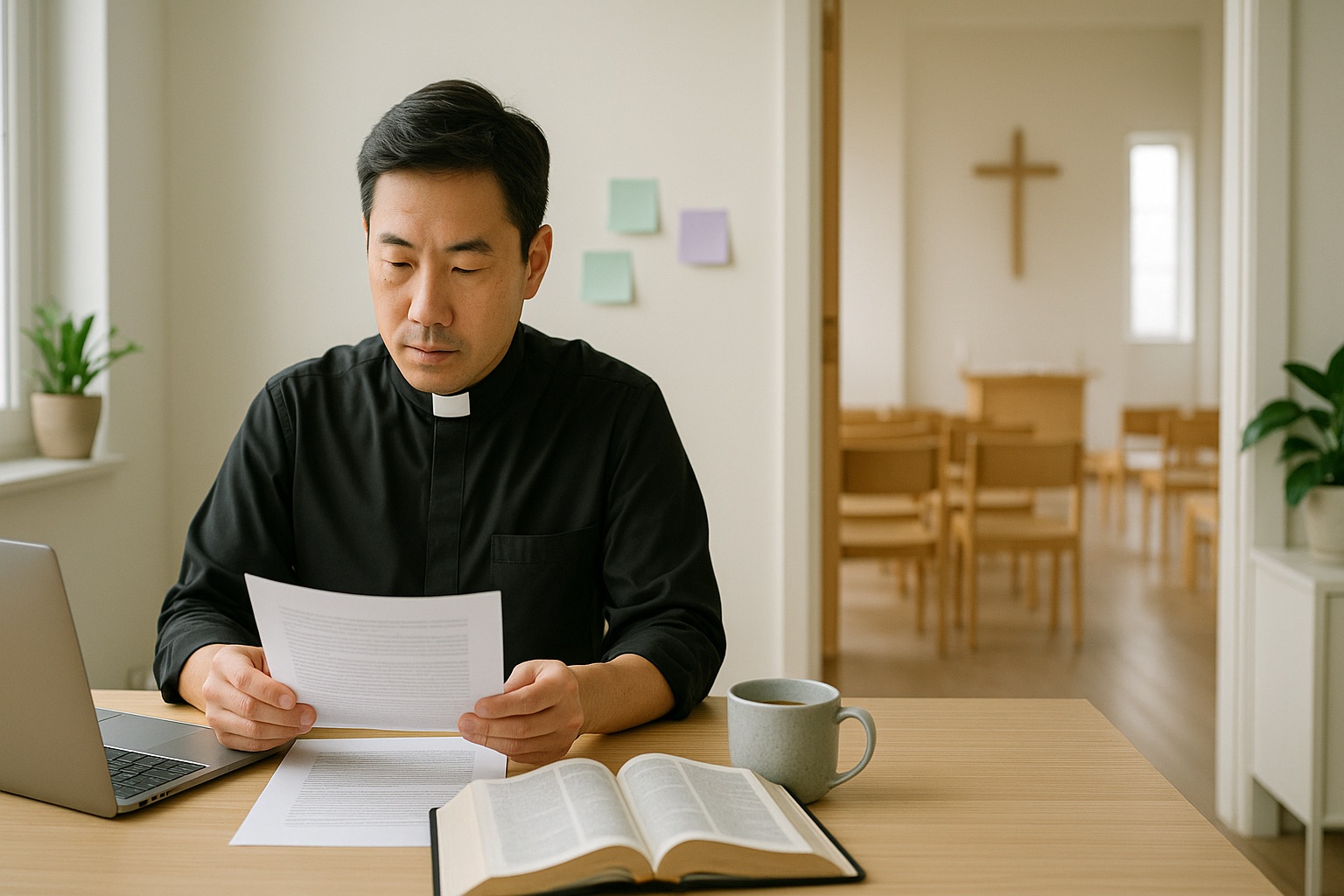 A pastor reviews a sermon manuscript at a bright desk, with a chapel visible through the doorway.