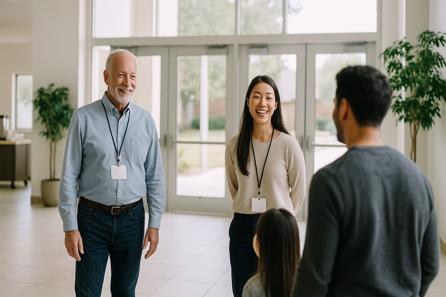 Volunteer greeters welcome a family at a sunlit church foyer.